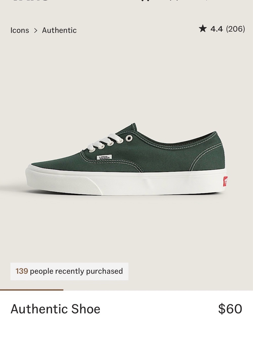 Vans Men’s 6.5 Green Authentic Sneakers with White Laces